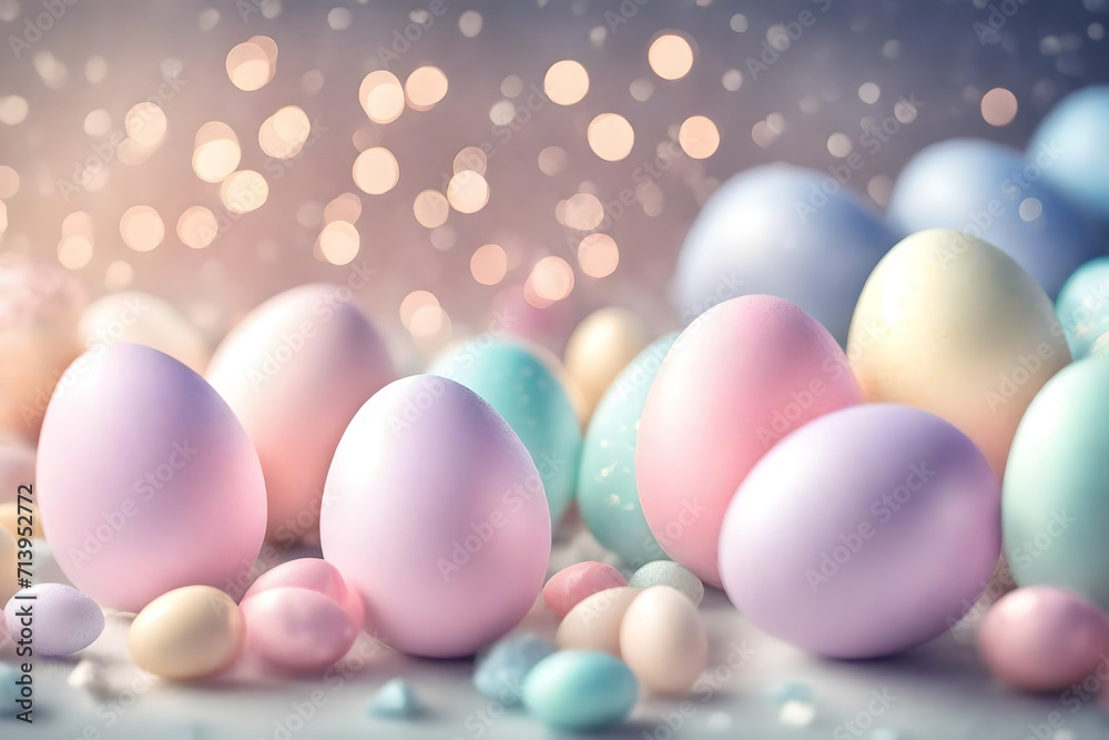 Delicate pastel-colored candy Easter eggs forming an elegant border against a backdrop of subtle bokeh lights, creating a dreamy and festive atmosphere.