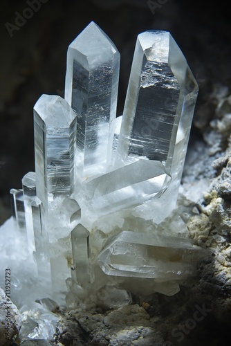 Pure Quartz Crystal cluster gemstone against black background. Beautiful crystals arrangement