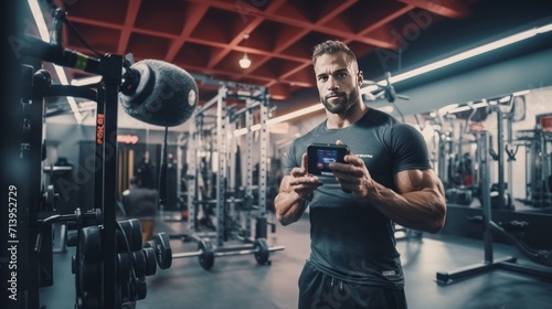 Gym, social media and fitness influencer with phone live streaming workout for interactive multimedia broadcast. Vlog, man filming arm exercise and training coach video recording online blog.
