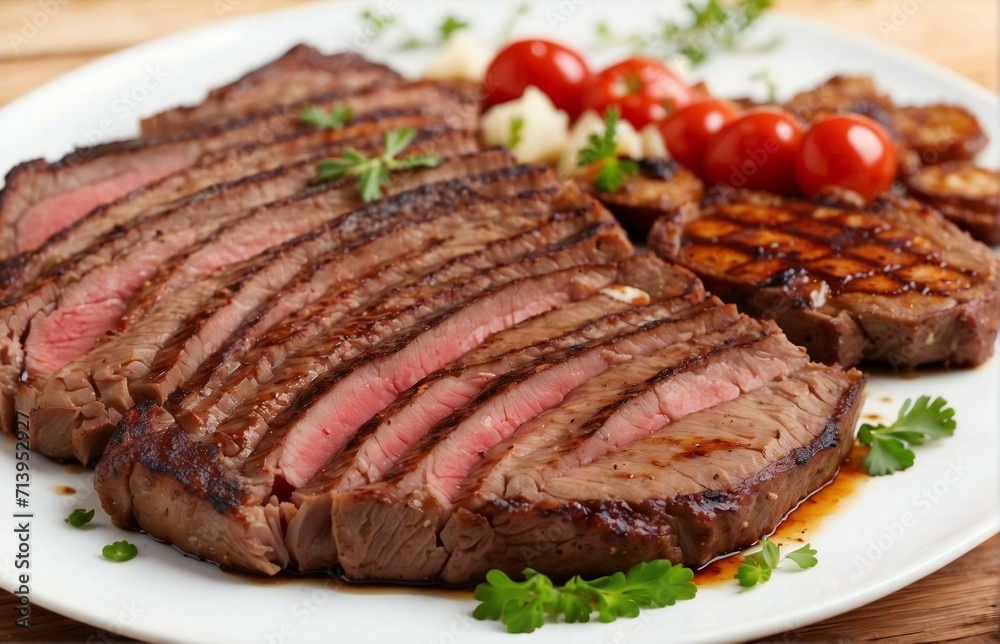 Slices of juicy roast beef steak, neatly arranged on a white plate Slices of juicy roast beef steak, neatly arranged on a white plate