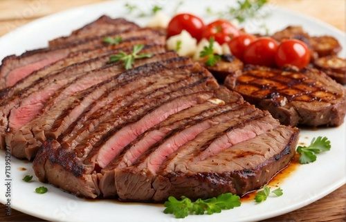 Slices of juicy roast beef steak, neatly arranged on a white plate