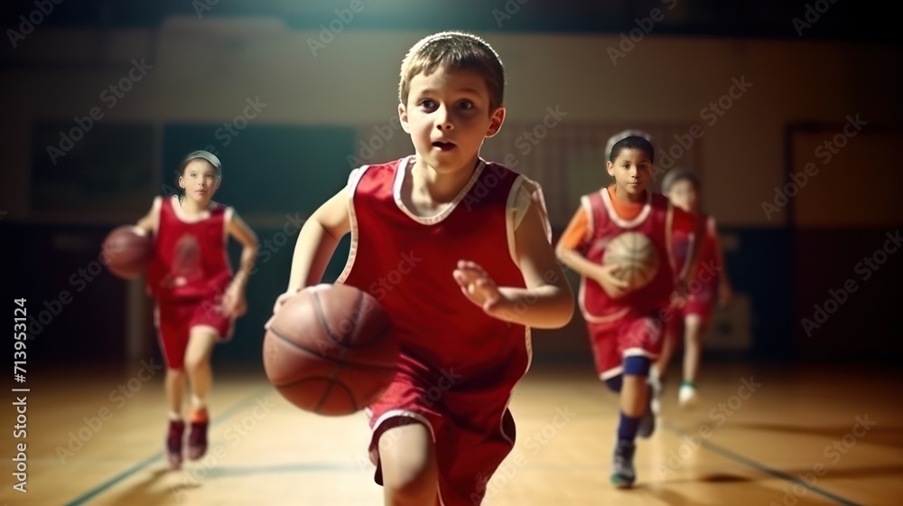 great child Team in sportswear playing basketball game.