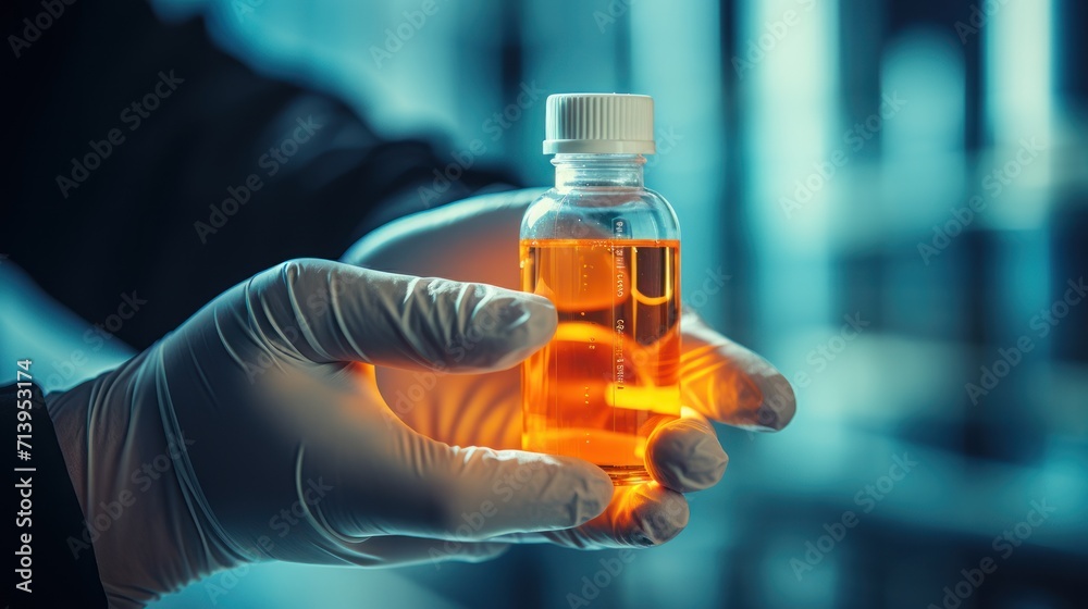 Scientist holding test tube with urine sample in laboratory. Medical and pharmaceutical research and development concept. Scientist holding test tube with urine sample in laboratory. Medical and pharmaceutical research and development concept.