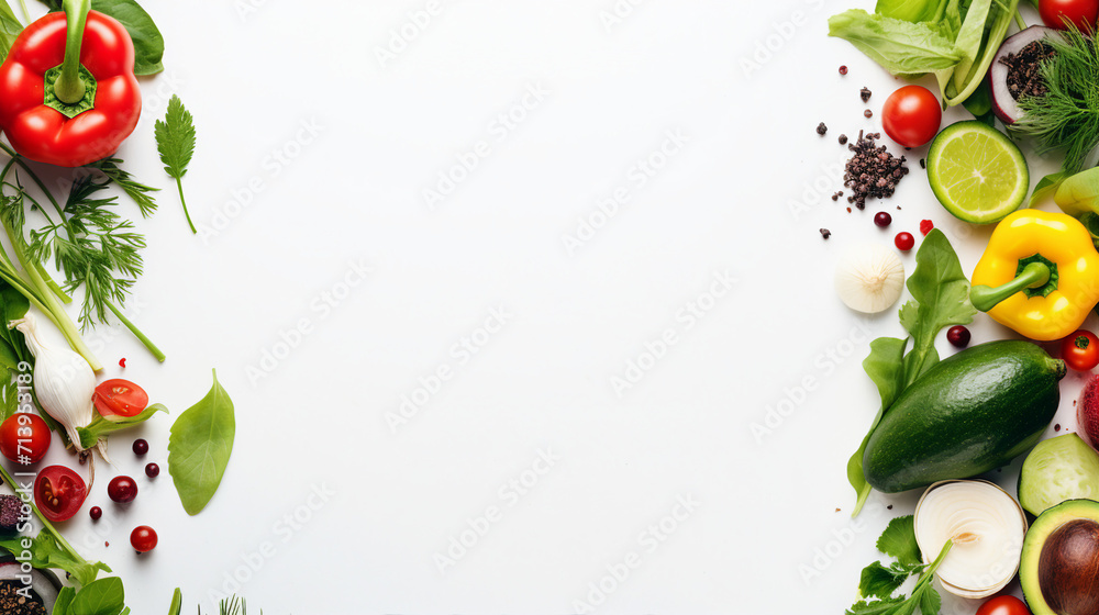 Fresh Organic Vegetables on White Background - Top View Flat Lay Frame for Raw Salad Ingredients with Copyspace, Perfect for Text and Promotional Content.