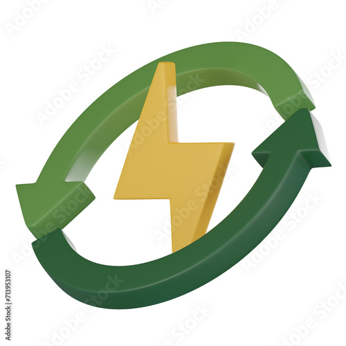 Eco Thunder, 3D Icon of Recycle Energy and Electricity Symbol. 3D render