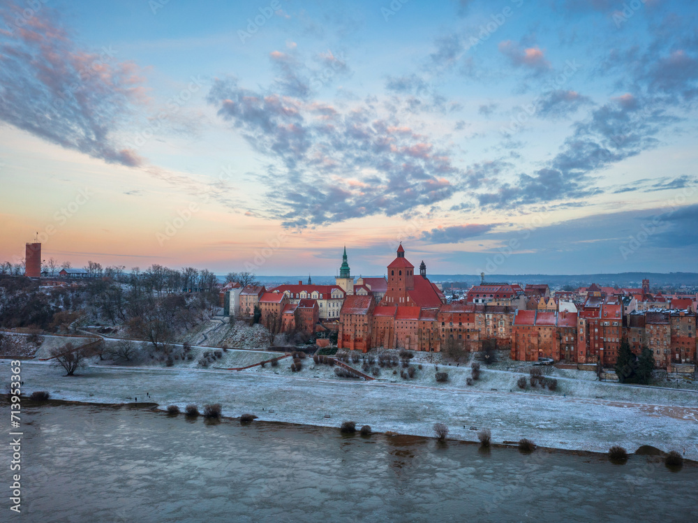 Naklejka premium Granaries of Grudziadz city by the Vistula river at snowy winter. Poland