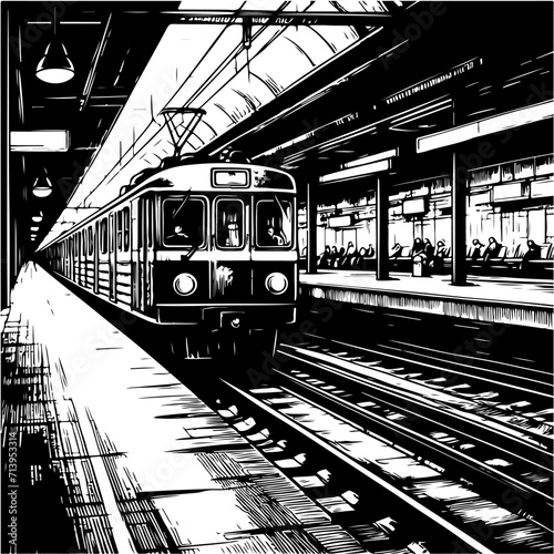 Black and White Hand-Drawn Illustration of a Train at the Station vector design