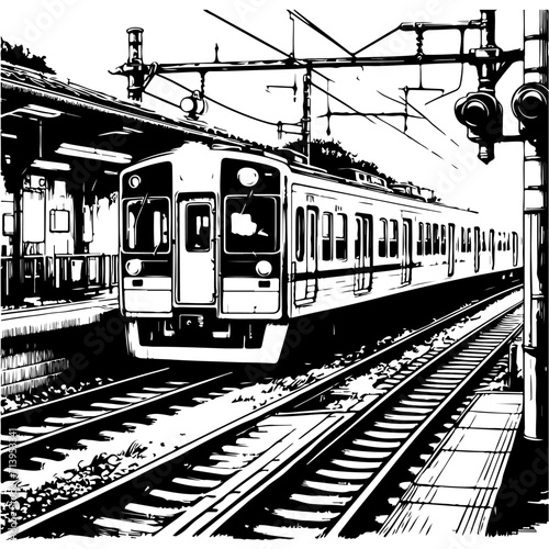 Black and White Hand-Drawn Illustration of a Train at the Station vector design