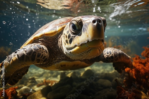 Close-up large sea turtle on the seabed © Elen Nika