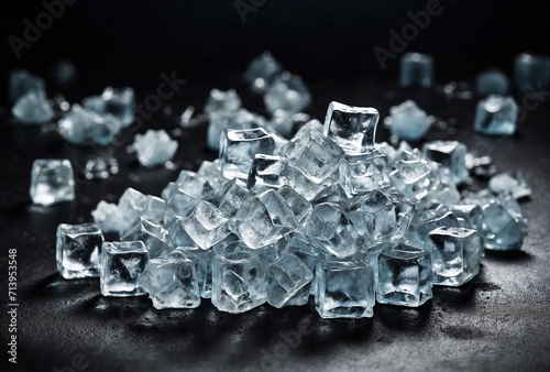 ice crystals on black background isolated, ice cubes