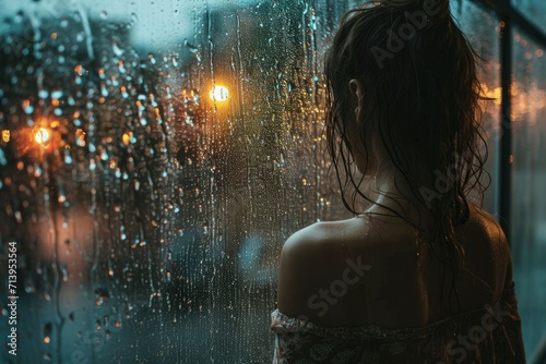 Indoor Rain Symphony: In the Cozy Ambiance of Rainy Days, a Woman by the Window Contemplates, Embracing the Serene Atmosphere Created by Droplets and Reflections.