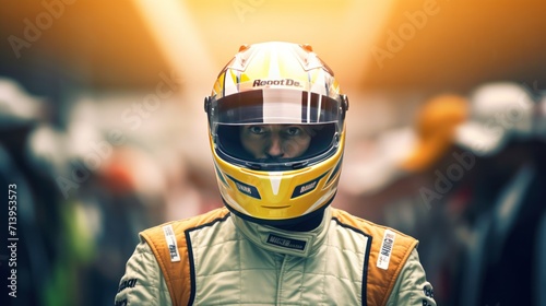 formula one racing driver before start of competition on track. Banner with copy space, digital ai art.
