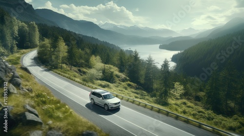 The car on the winding mountain road unveils a breathtaking panoramic scene. © muji