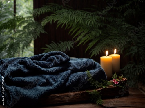Personal Spa Sanctuary - Towel on Fern, Candles, Hot Stone on Wooden Background. Experience One-Person Massage Therapy and Beauty Spa Treatment in Tranquil Bliss