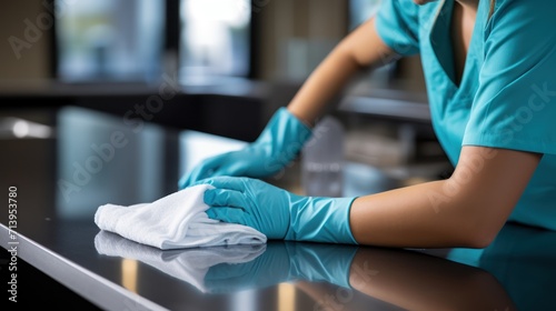 Blue-gloved hands at work: A close-up of a woman cleaning the kitchen countertop.