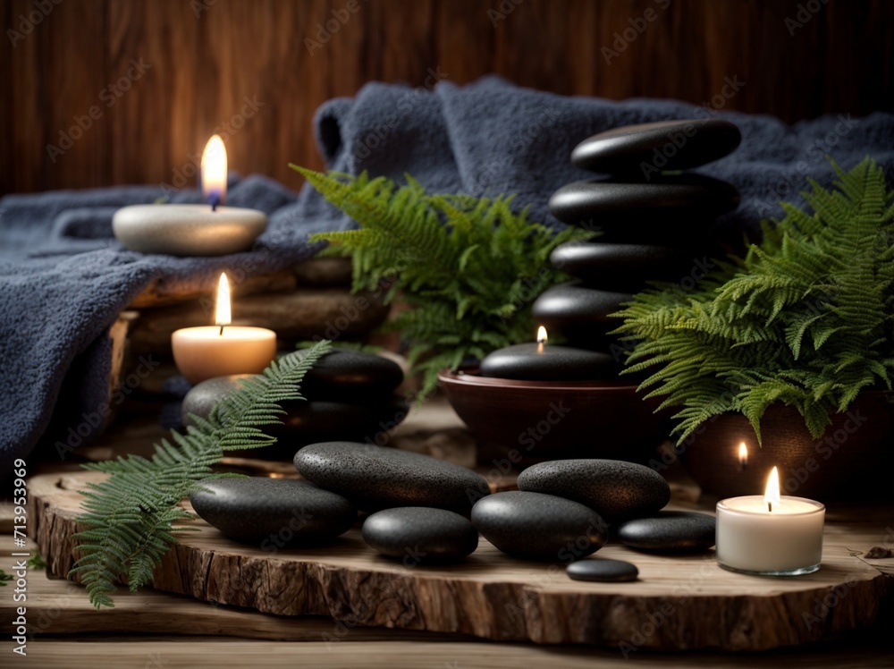 Beauty Spa Tranquility - Wooden Background, Towel, Candles, and Hot Stone Set the Stage for One-Person Massage Therapy with Candle Light