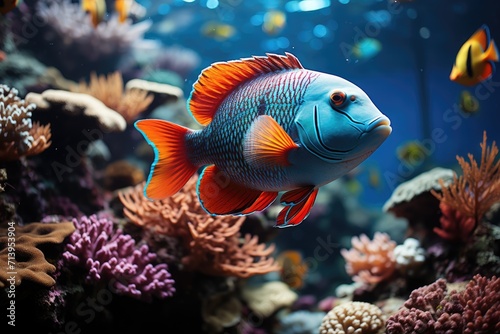 Close-up colorful tropical fish against the backdrop of a coral reef