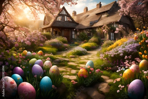 A picturesque scene of a country garden filled with Easter eggs and blooming flowers, radiating charm and tranquility. photo