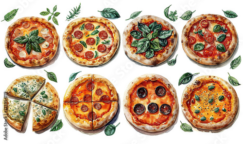 watercolor pizza stickers white background