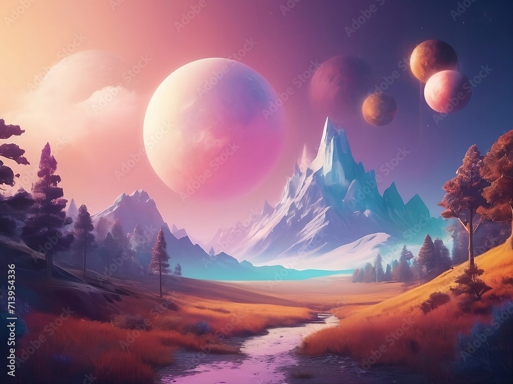 A dreamy landscape with vibrant colors and designs