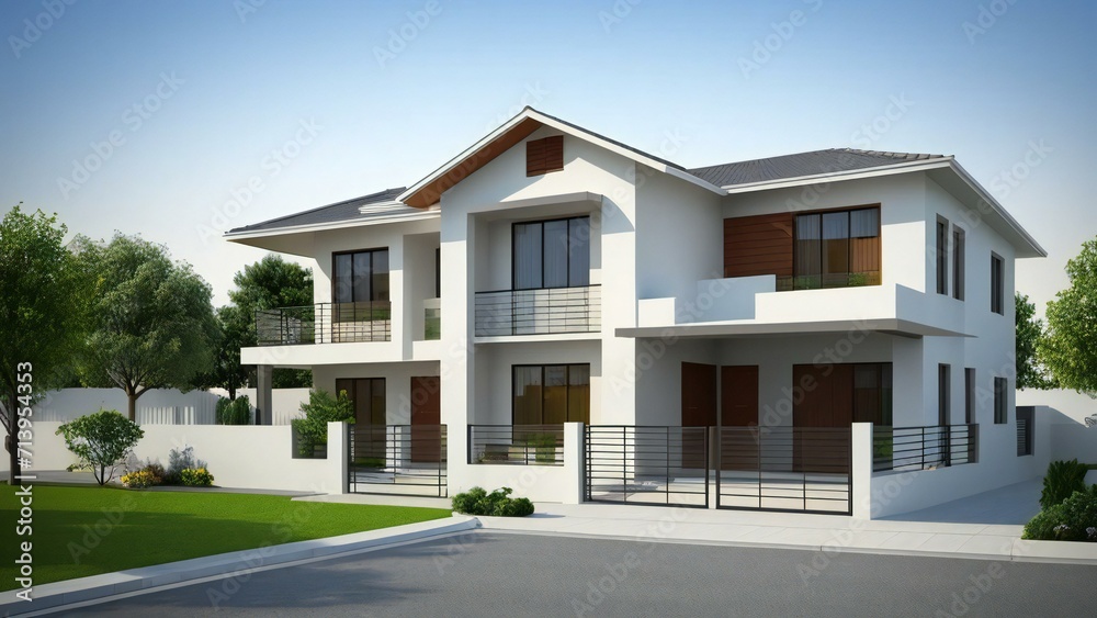 3d house model rendering on white background, 3D illustration modern cozy house. Concept for real estate or property.