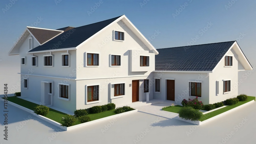 3d house model rendering on white background, 3D illustration modern cozy house. Concept for real estate or property. 3d house model rendering on white background, 3D illustration modern cozy house. Concept for real estate or property.