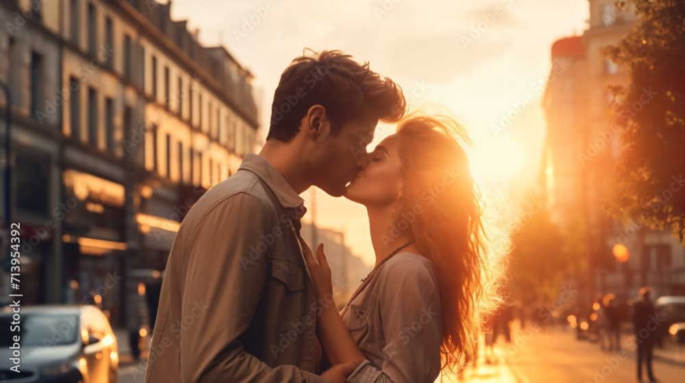 Young couple in love kissing on a city street