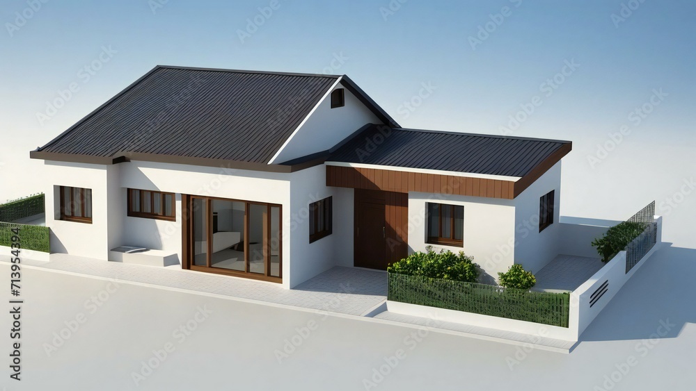 3d house model rendering on white background, 3D illustration modern cozy house. Concept for real estate or property. 3d house model rendering on white background, 3D illustration modern cozy house. Concept for real estate or property.