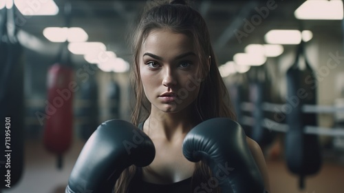 fit young woman wearing boxing gloves in a gym. © MUCHIB