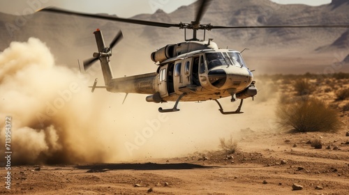 Helicopter navigates the vastness of the desert. photo