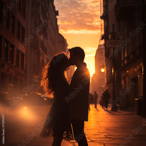 Young couple in love kissing on a city street