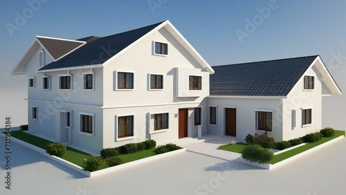 3d house model rendering on white background, 3D illustration modern cozy house. Concept for real estate or property. © samsul