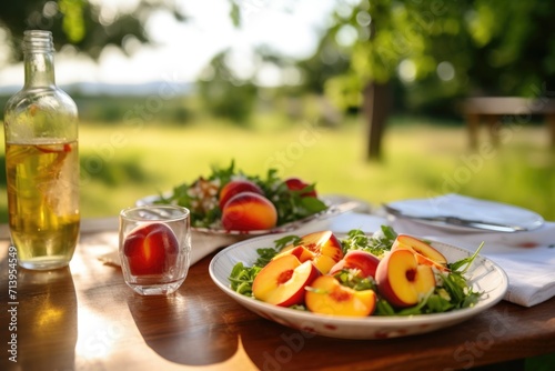 Countryside Feast: Peaches and Honey, Accompanied by Mascarpone Cheese, Served with a Mixed Greens Salad and Sparkling Water, Set for Two on a Wooden Picnic Table in Tuscany's Orchard.