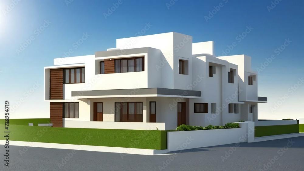 3d house model rendering on white background, 3D illustration modern cozy house. Concept for real estate or property.