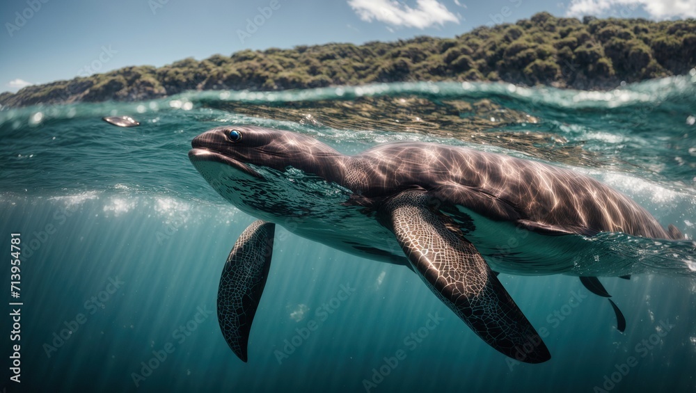 Naklejka premium A depths of the ocean with a stunning image of a majestic marine creature swimming gracefully through the crystal clear waters