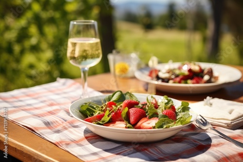 Savoring Tuscany: Grilled Strawberries, Honey, and Mascarpone on a Wooden Picnic Table, Alongside Mixed Greens and Sparkling Water, Creating an Elegant Scene in a Countryside Orchard.