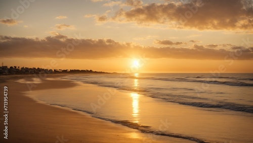 The beach is bathed in a tranquil, golden light as the sun sets, producing a soothing and lovely setting.