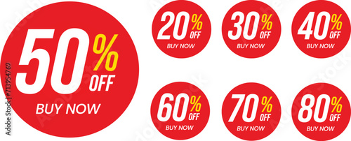 Different percent discount sticker discount price tag set. Red round shape promote buy now with sell off up to 20, 30, 40, 50, 60, 70, 80 percent vector illustration isolated on white. photo
