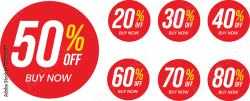Different percent discount sticker discount price tag set. Red round shape promote buy now with sell off up to 20, 30, 40, 50, 60, 70, 80 percent vector illustration isolated on white.