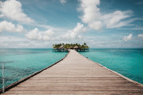 The perfect backdrop for summer travel and vacation is a stunning tropical location. enormous expanse of sky filled with white clouds, a wooden pier leading to an island in the water, and  © LIFE LINE