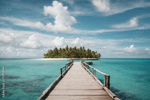 A gorgeous tropical setting is the ideal backdrop for summer travel and vacation. vast view, a wooden pier leading to an island in the ocean, and a huge blue sky with white clouds 