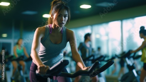 Exercise bike cardio workout at fitness gym.Asian women doing sport biking in the gym for fitness in the morning.Fitness,Gym ,healthy lifestyle concepts. photo