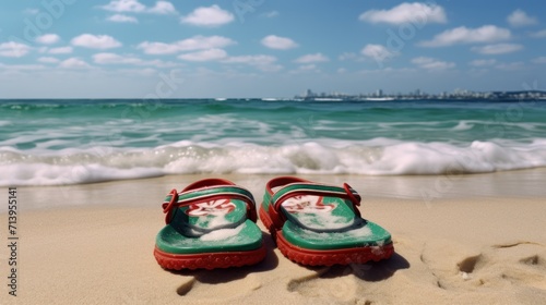 Children's sandals on the beach against the background of the sea.
