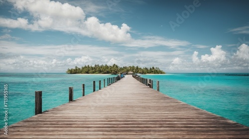 Perfect backdrop for summer travel and vacation: a stunning tropical environment. Enormous blue sky with white clouds, wooded pier leading to an island in the water, expansive vista  © LIFE LINE