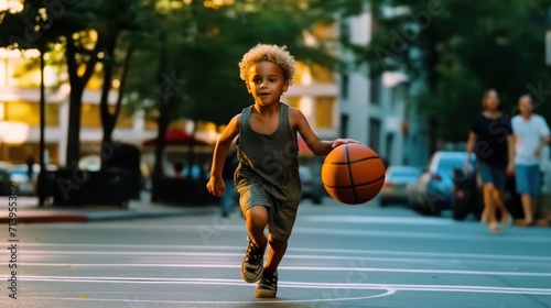Dribbling small boy plays basketball. Focused cute boy athlete leads the ball in a game of basketball. A boy plays basketball after school. © MUCHIB