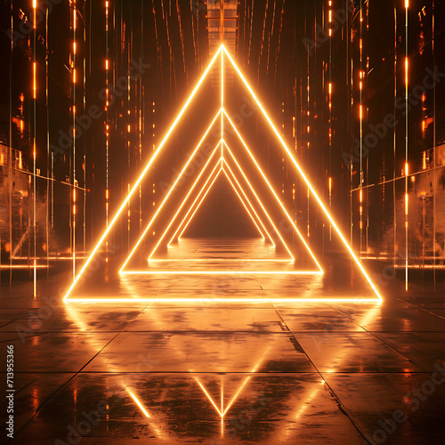 Abstract neon background with sepia-colored triangle tunnel, laser lines, and LED technology creating a glowing cyber club stage