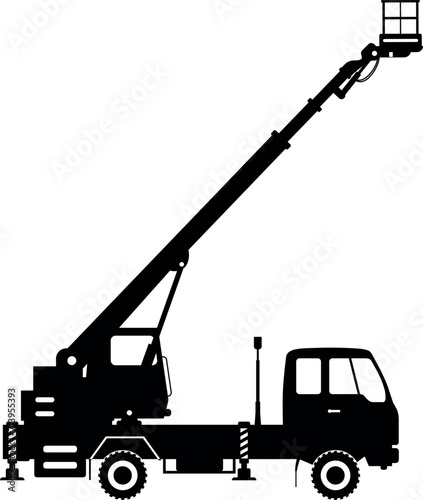 Silhouette of Aerial Work Platform Bucket Truck Icon in Flat Style. Vector Illustration