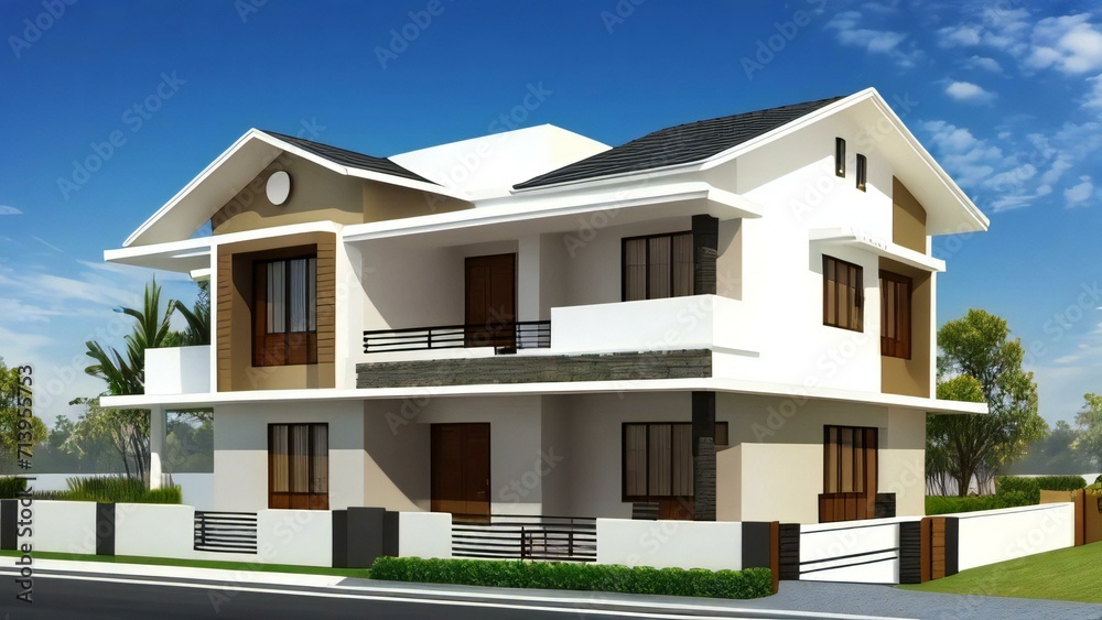 3d house model rendering on white background, 3D illustration modern cozy house. Concept for real estate or property.