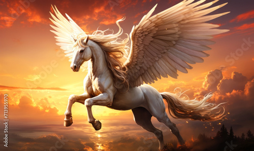 Majestic white Pegasus with expansive wings soaring through a dramatic sunset sky, embodying freedom and the power of myth and legend