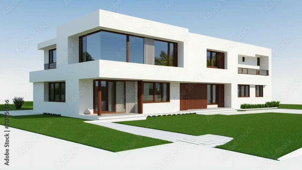 3d house model rendering on white background, 3D illustration modern cozy house. Concept for real estate or property.